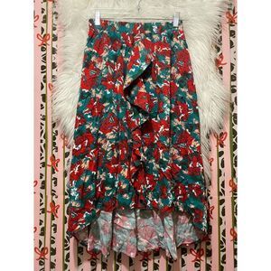 Porridge | Miley Ruffle Skirt High Low Red & Green Print XS
